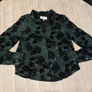 DEAR JOHN Xara Green Blouse Sequins Embroidered Top Flowers Semi Sheer MSRP $104